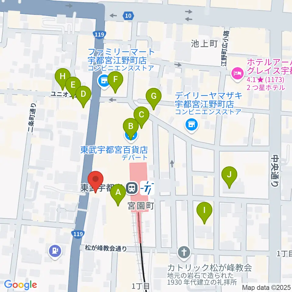 宇都宮ヘブンズロック周辺のカフェ一覧地図