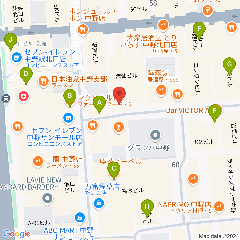 中野ブライトブラウン周辺のカフェ一覧地図