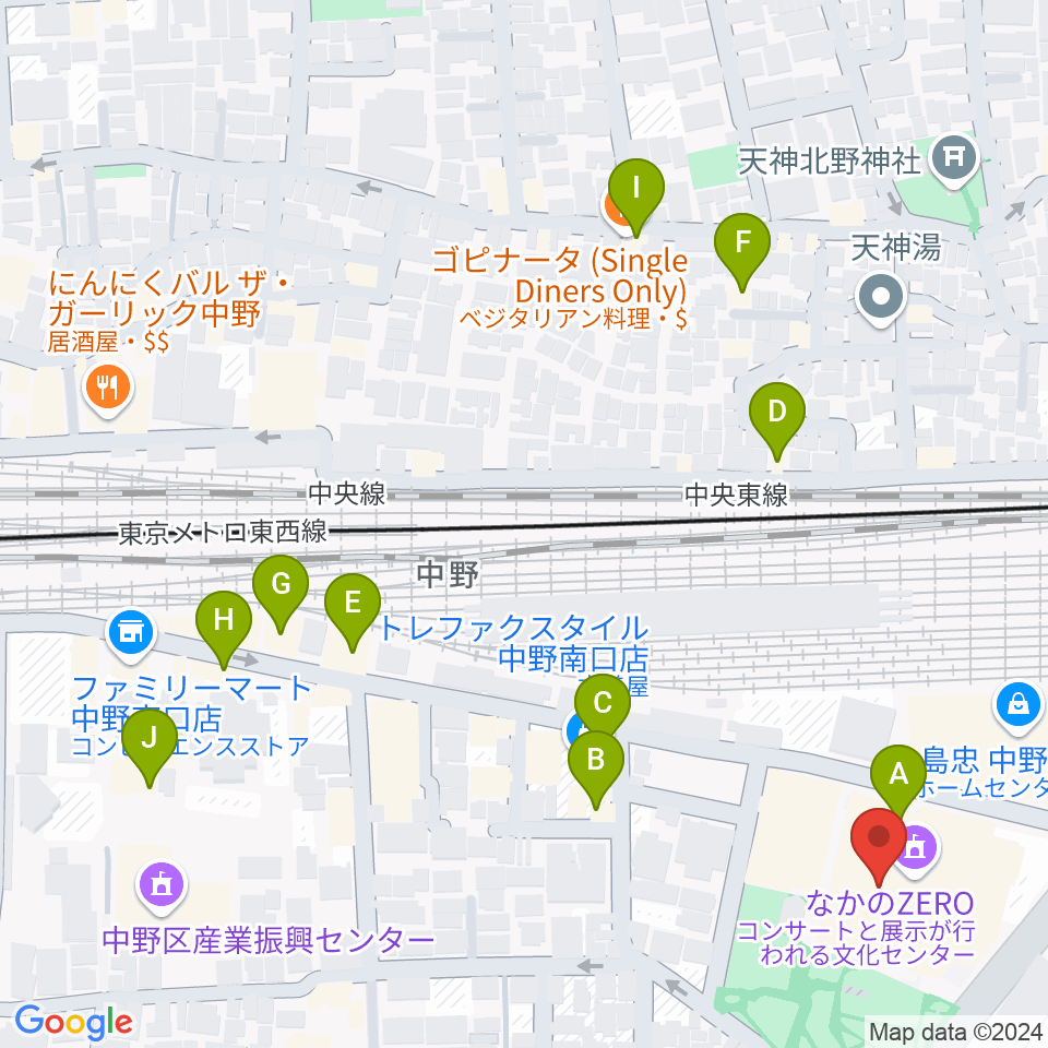 なかのZERO周辺のカフェ一覧地図