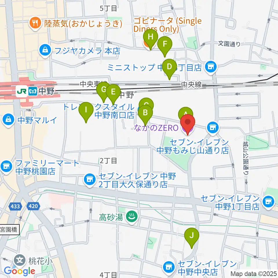 なかのZERO周辺のカフェ一覧地図