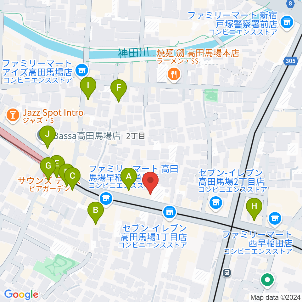 高田馬場ゲートワン周辺のカフェ一覧地図