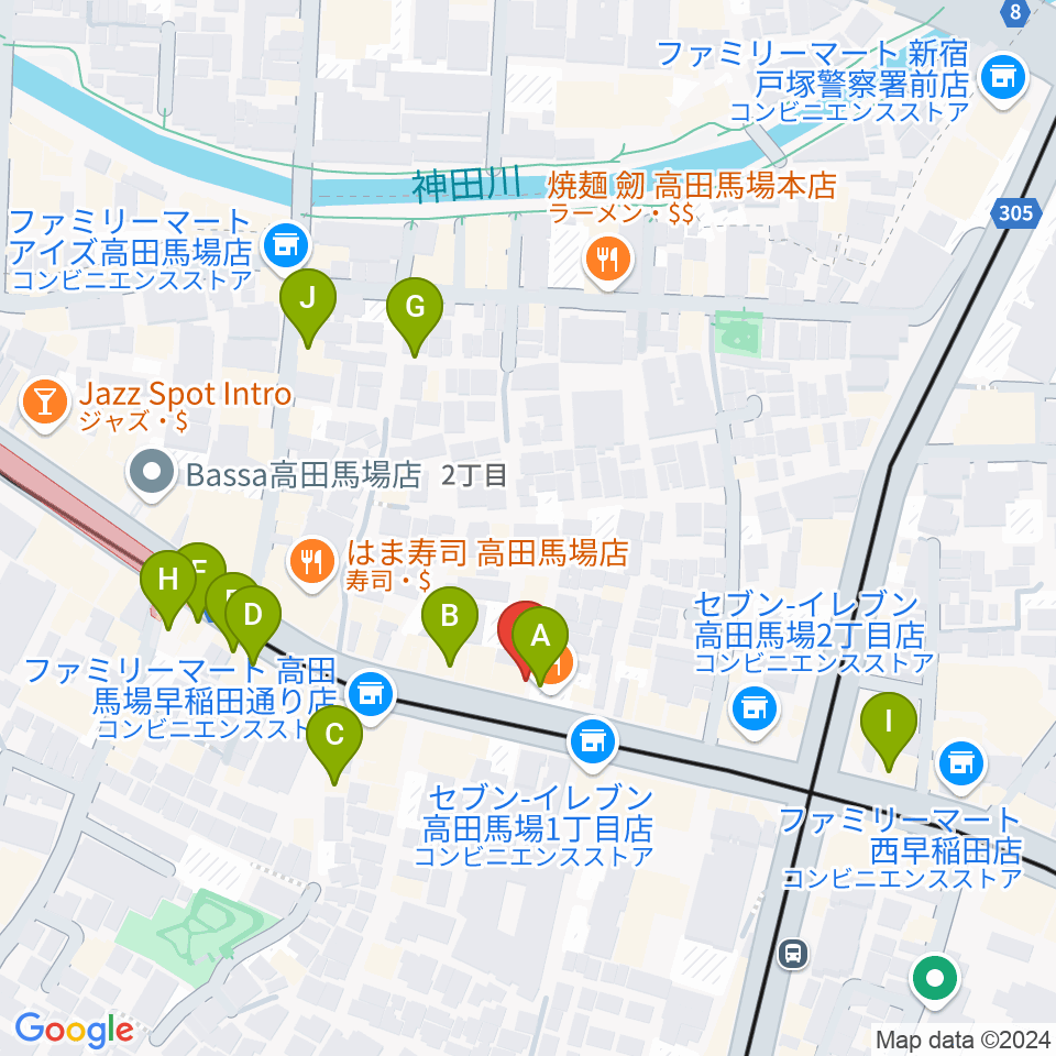 高田馬場ゲートワン周辺のカフェ一覧地図