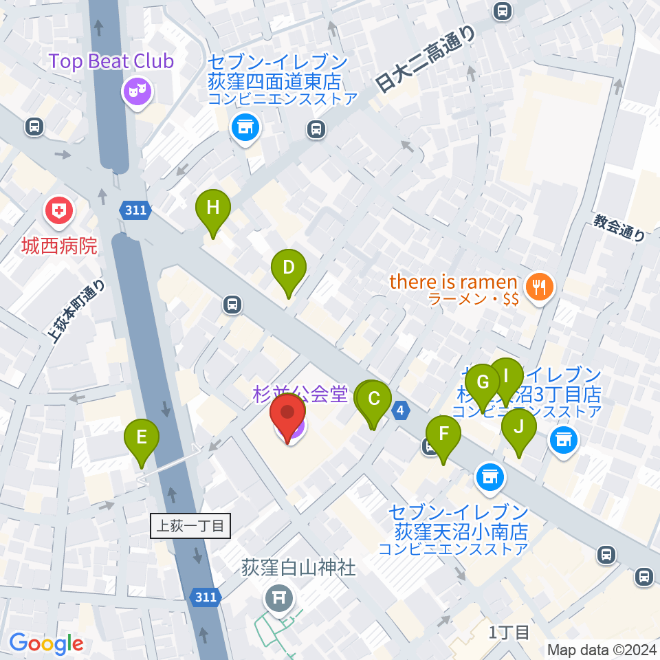 杉並公会堂周辺のカフェ一覧地図