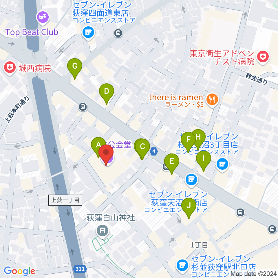 杉並公会堂周辺のカフェ一覧地図