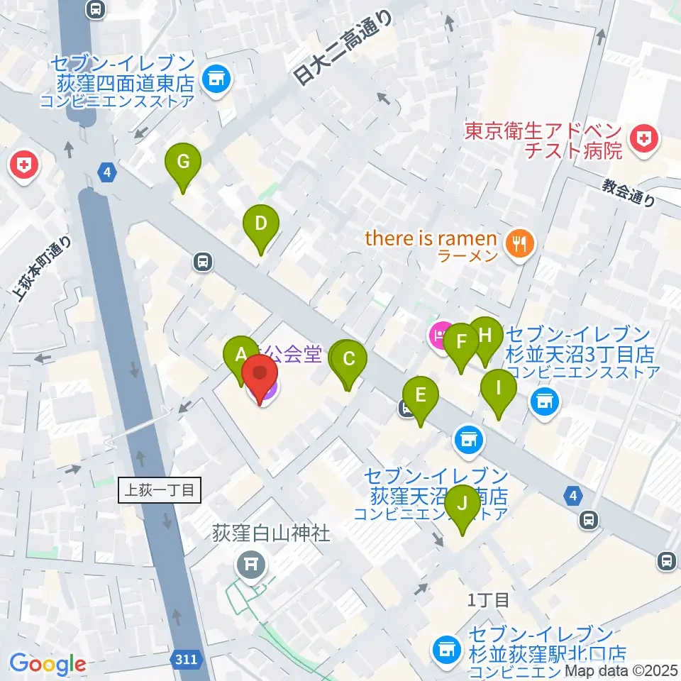 杉並公会堂周辺のカフェ一覧地図