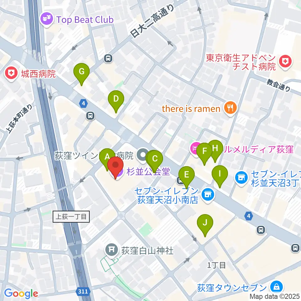 杉並公会堂周辺のカフェ一覧地図