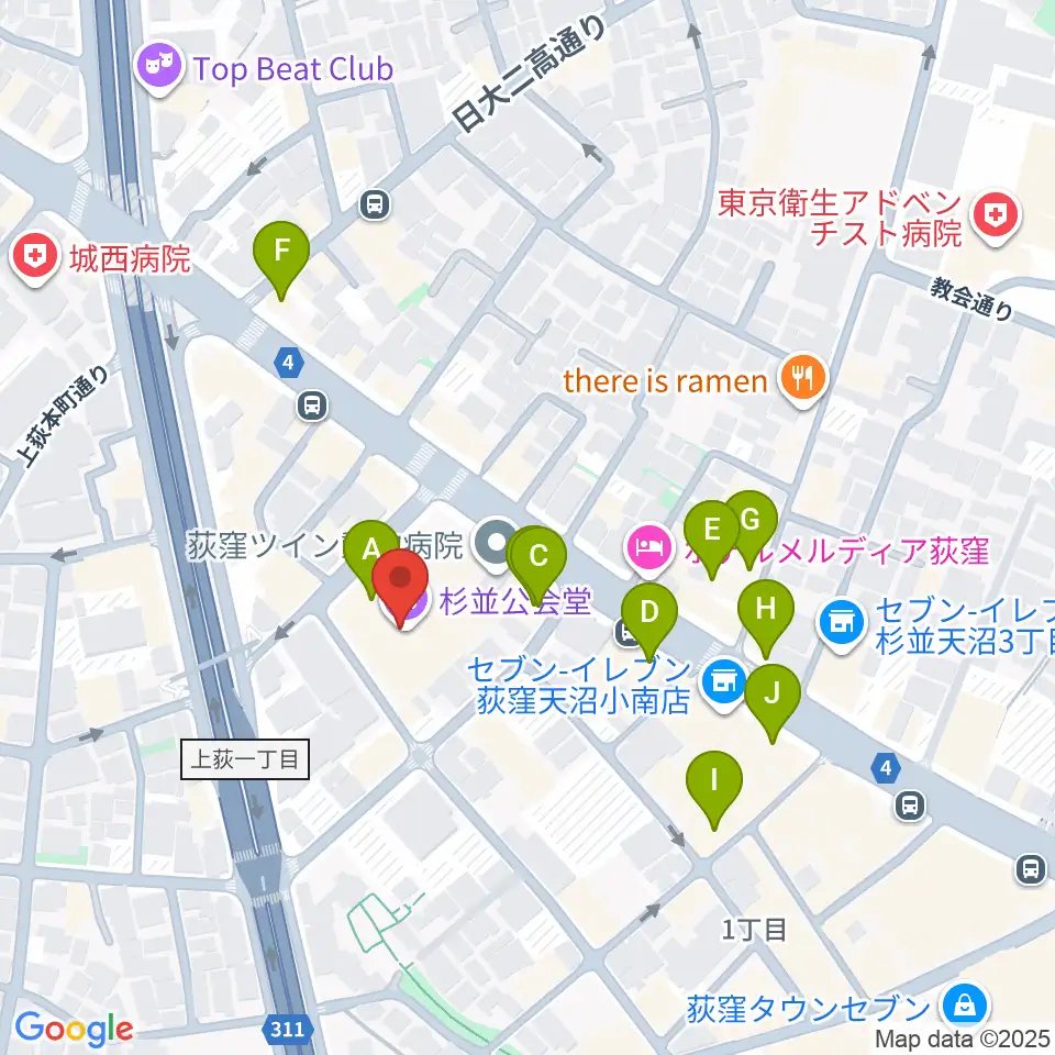 杉並公会堂周辺のカフェ一覧地図
