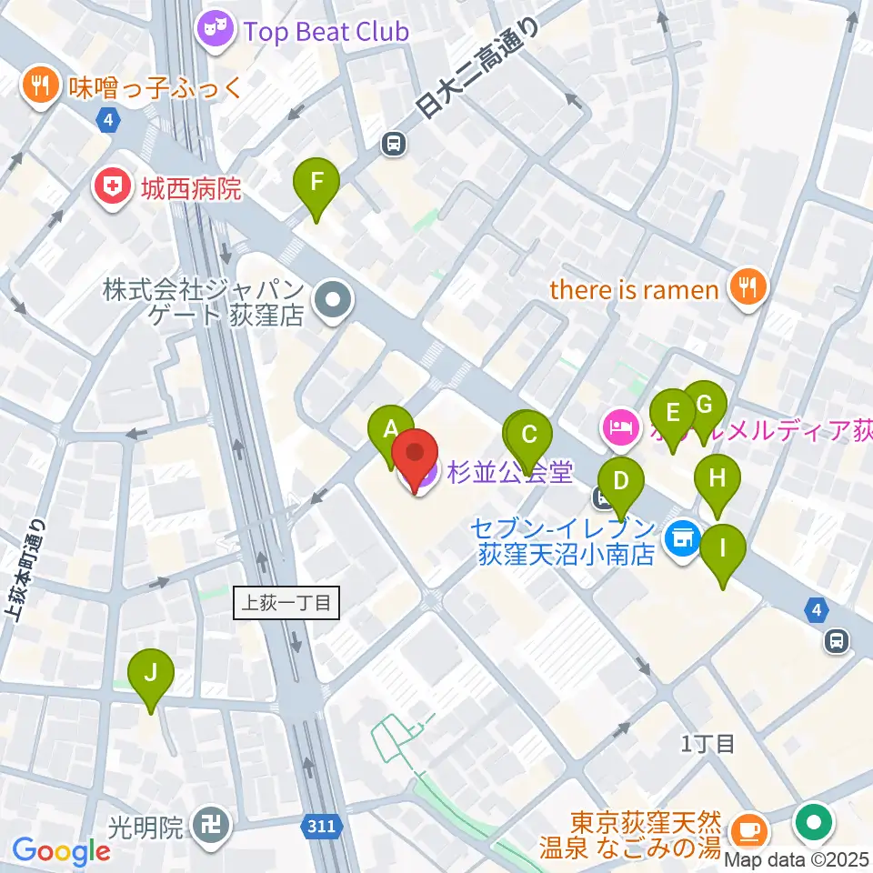 杉並公会堂周辺のカフェ一覧地図