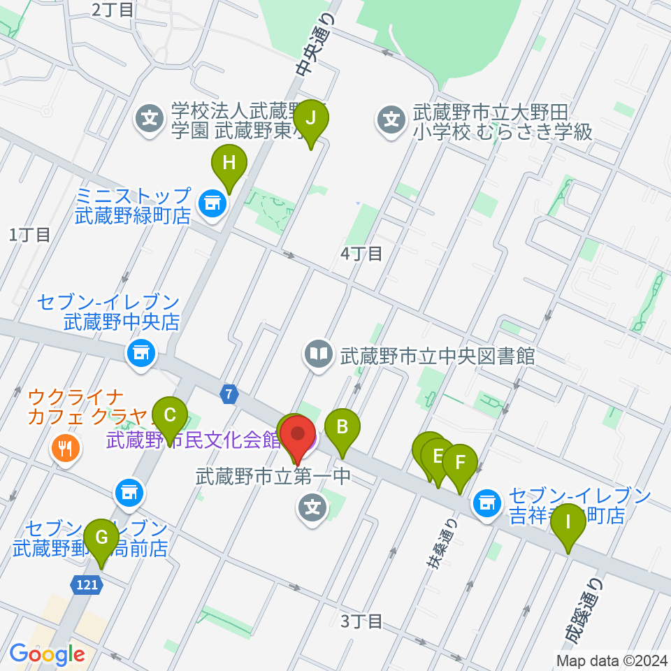 武蔵野市民文化会館周辺のカフェ一覧地図