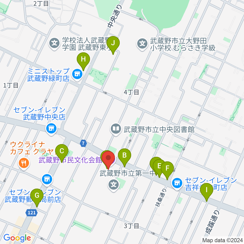 武蔵野市民文化会館周辺のカフェ一覧地図