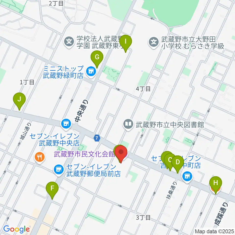 武蔵野市民文化会館周辺のカフェ一覧地図