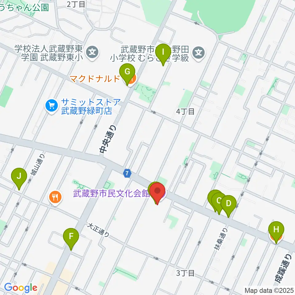 武蔵野市民文化会館周辺のカフェ一覧地図