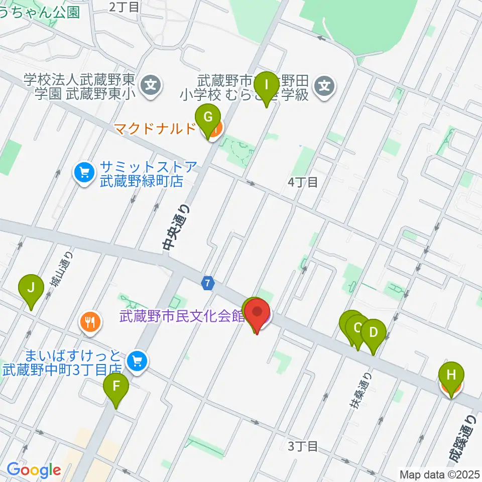 武蔵野市民文化会館周辺のカフェ一覧地図
