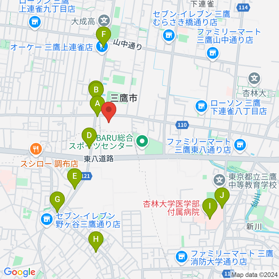 三鷹市公会堂周辺のカフェ一覧地図