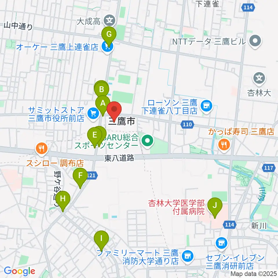 三鷹市公会堂周辺のカフェ一覧地図