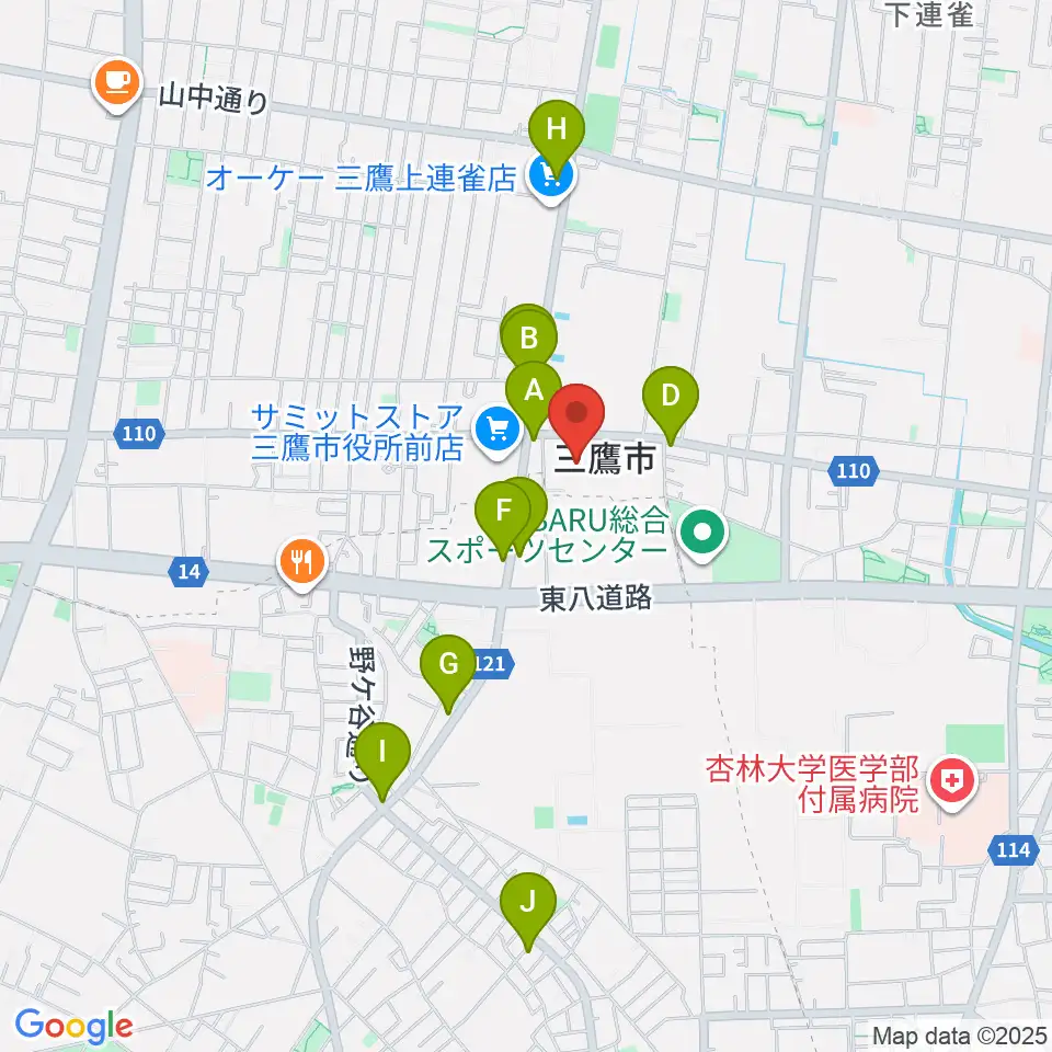 三鷹市公会堂周辺のカフェ一覧地図