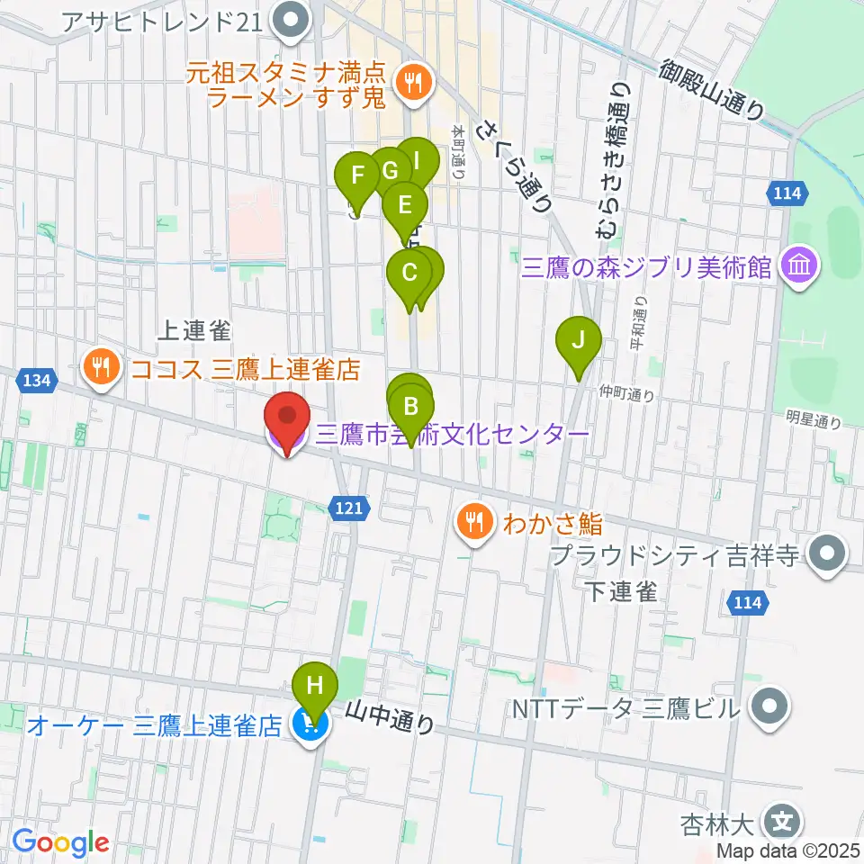 三鷹市芸術文化センター周辺のカフェ一覧地図