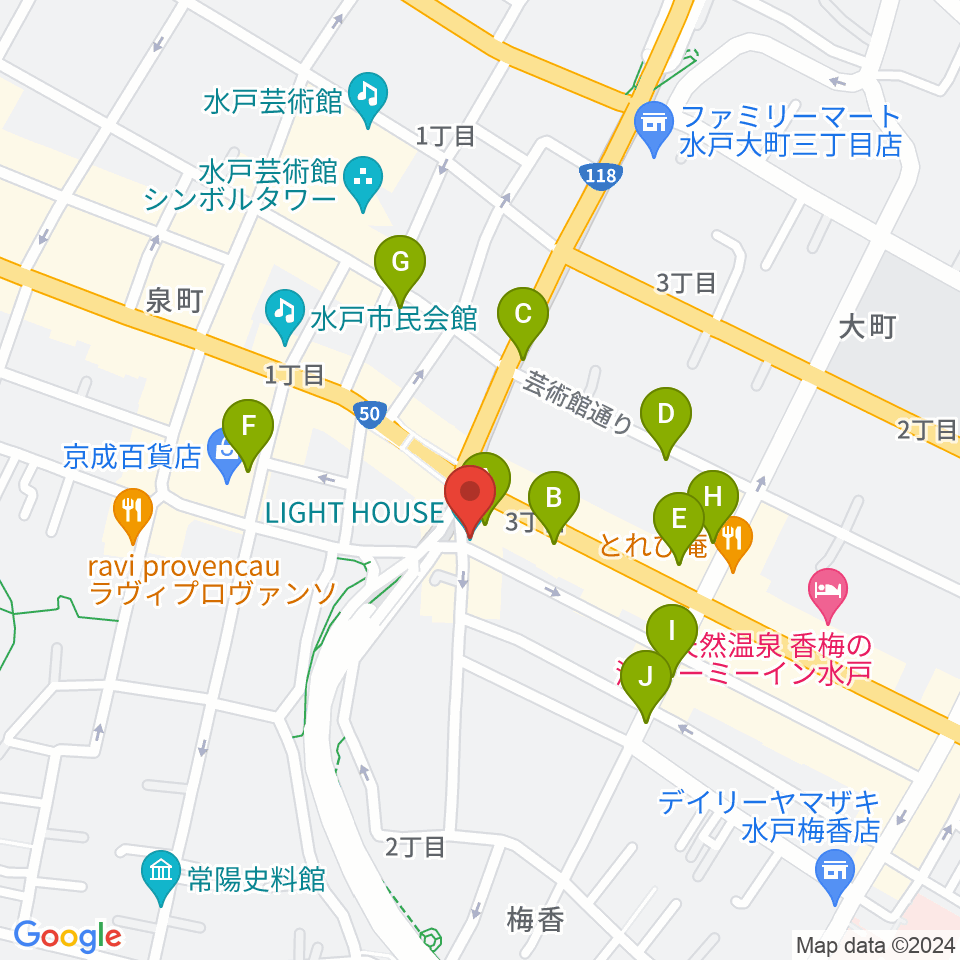 水戸ライトハウス周辺のカフェ一覧地図