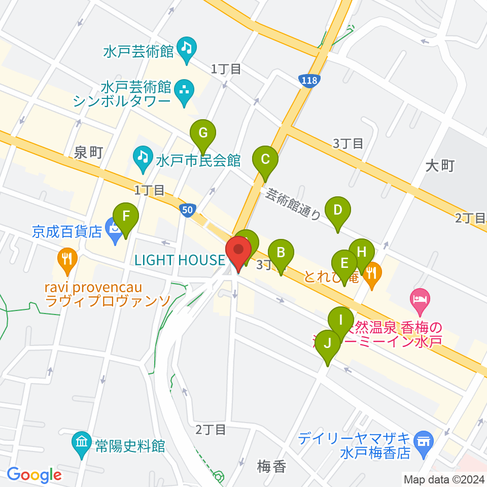 水戸ライトハウス周辺のカフェ一覧地図