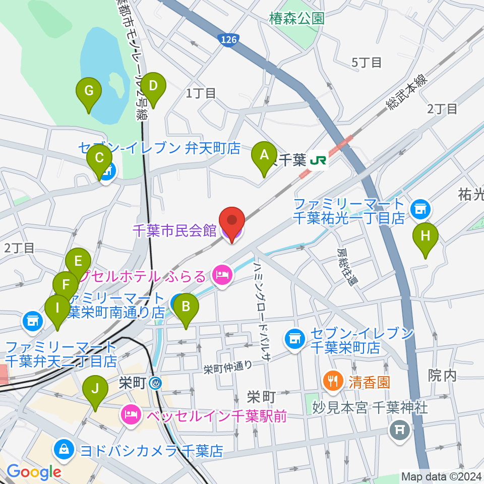 千葉市民会館周辺のカフェ一覧地図