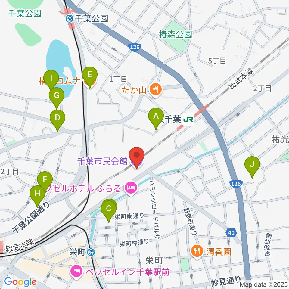 千葉市民会館周辺のカフェ一覧地図
