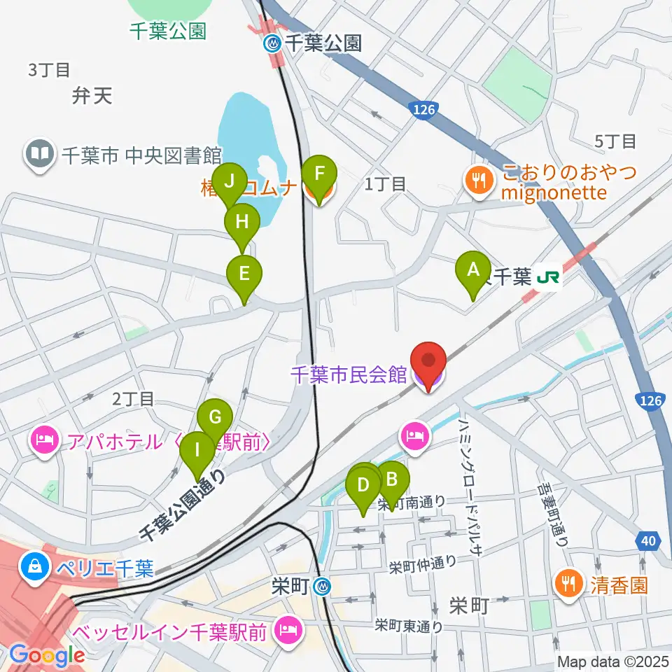 千葉市民会館周辺のカフェ一覧地図