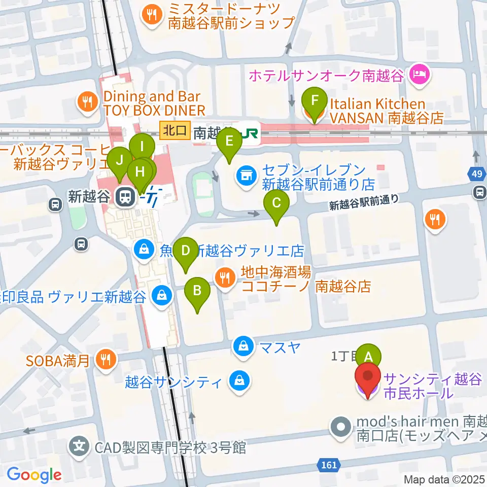 越谷サンシティホール周辺のカフェ一覧地図
