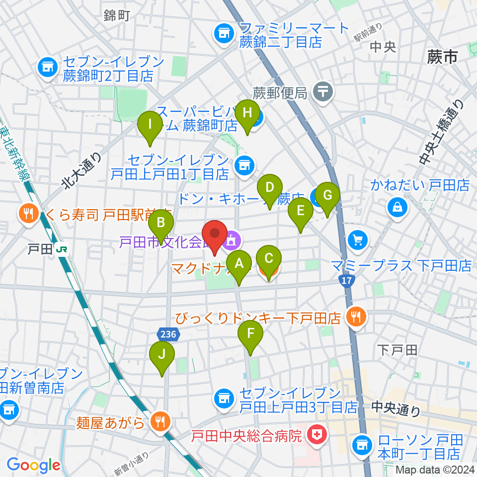 戸田市文化会館周辺のカフェ一覧地図