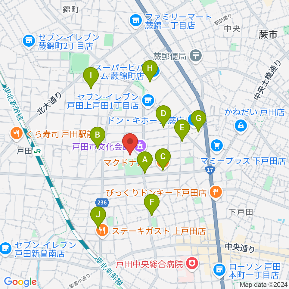 戸田市文化会館周辺のカフェ一覧地図