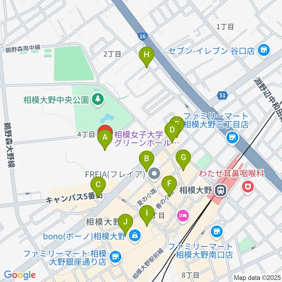 相模女子大学グリーンホール周辺のカフェ一覧地図