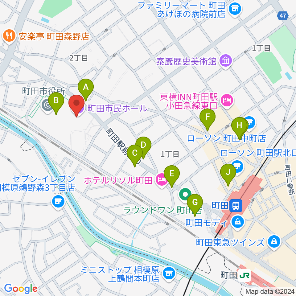 町田市民ホール周辺のカフェ一覧地図