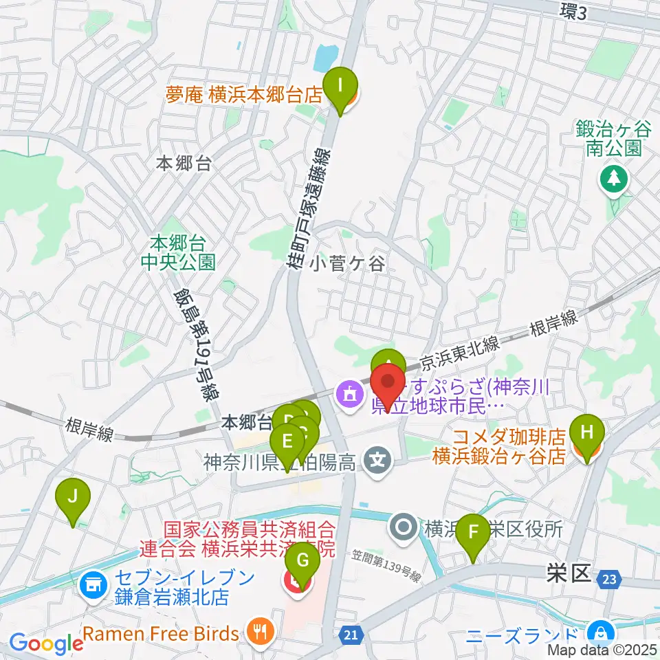 横浜市栄区民文化センター リリス周辺のカフェ一覧地図