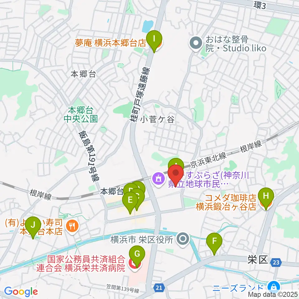 横浜市栄区民文化センター リリス周辺のカフェ一覧地図