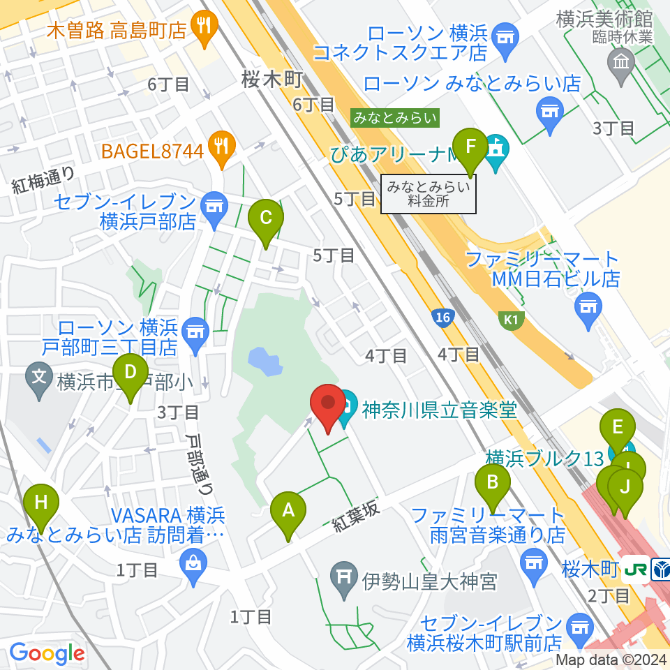 神奈川県立音楽堂周辺のカフェ一覧地図