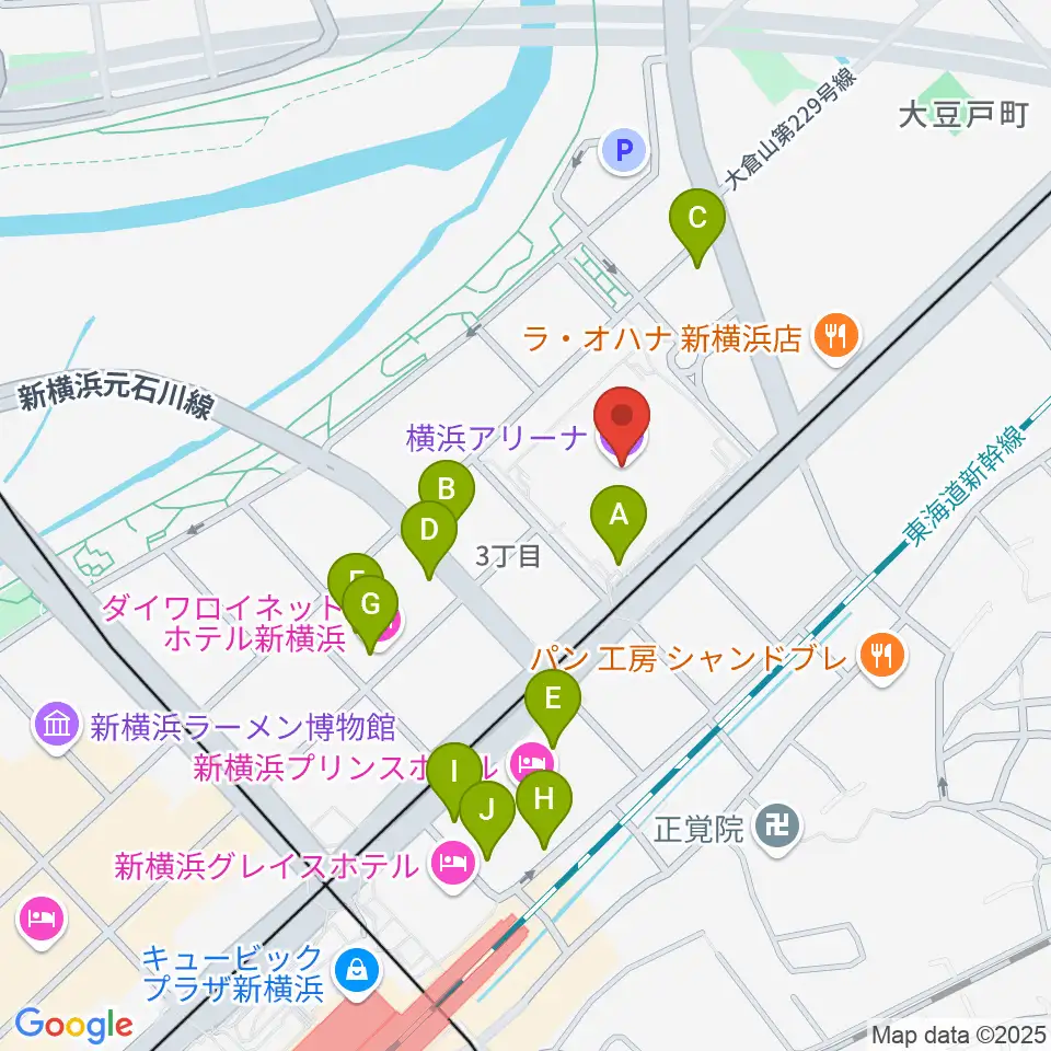 横浜アリーナ周辺のカフェ一覧地図