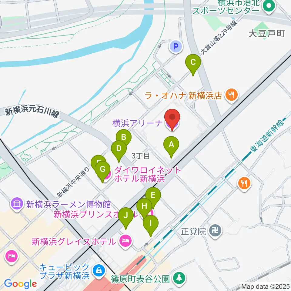 横浜アリーナ周辺のカフェ一覧地図