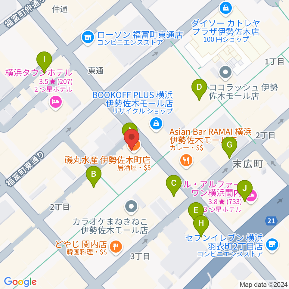 伊勢佐木町ジョンジョン周辺のカフェ一覧地図