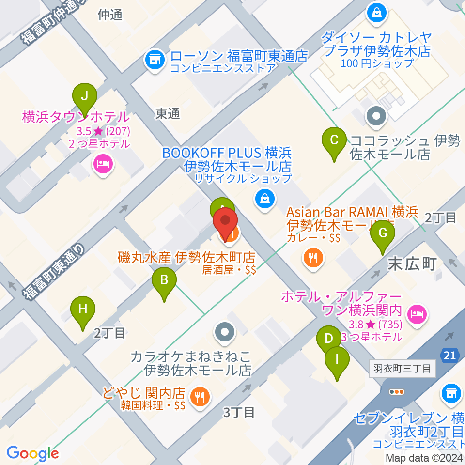 伊勢佐木町ジョンジョン周辺のカフェ一覧地図