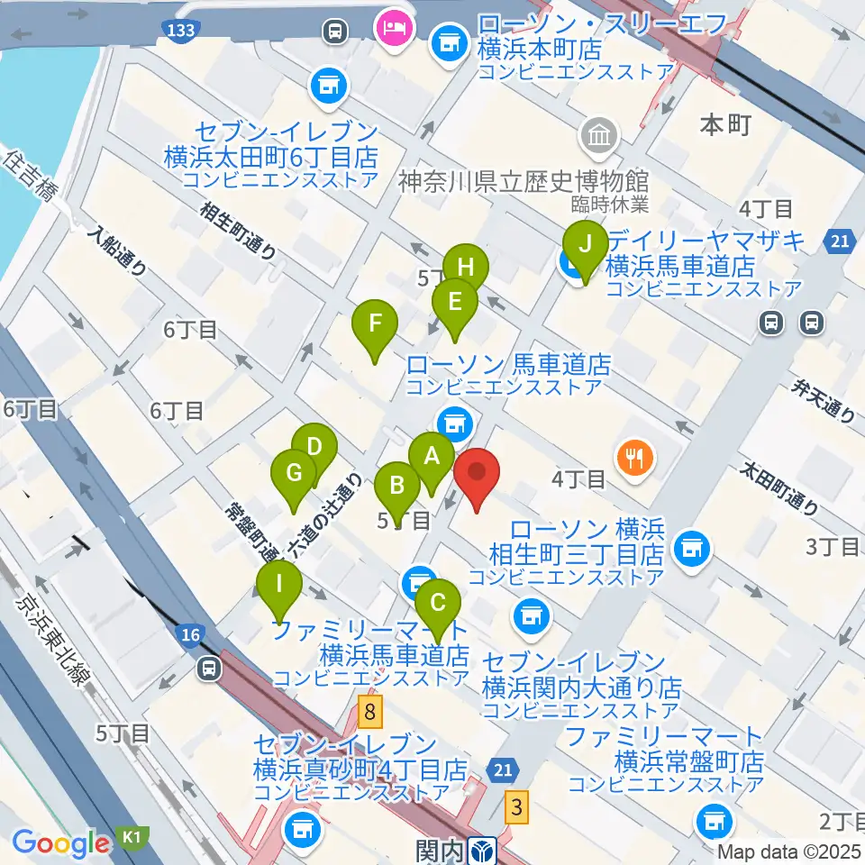 横浜関内ホール周辺のカフェ一覧地図