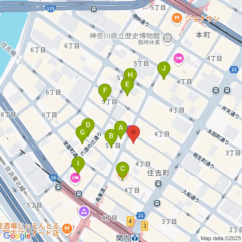 横浜関内ホール周辺のカフェ一覧地図