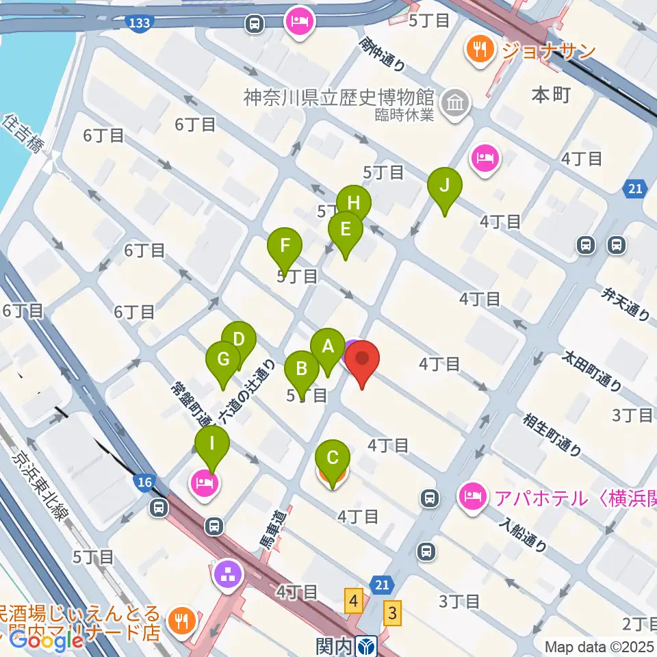 横浜関内ホール周辺のカフェ一覧地図