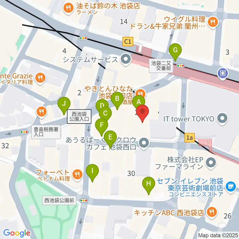 池袋フラットファイブ周辺のカフェ一覧地図