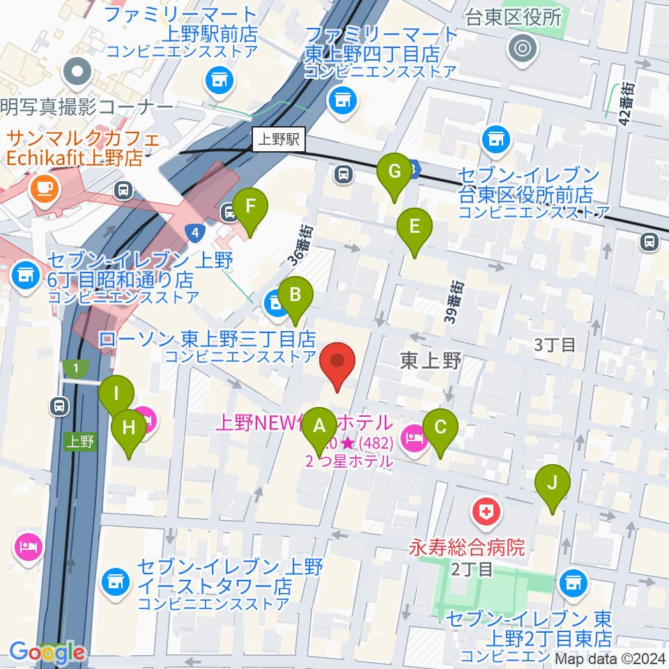 上野エブリィスイング周辺のカフェ一覧地図