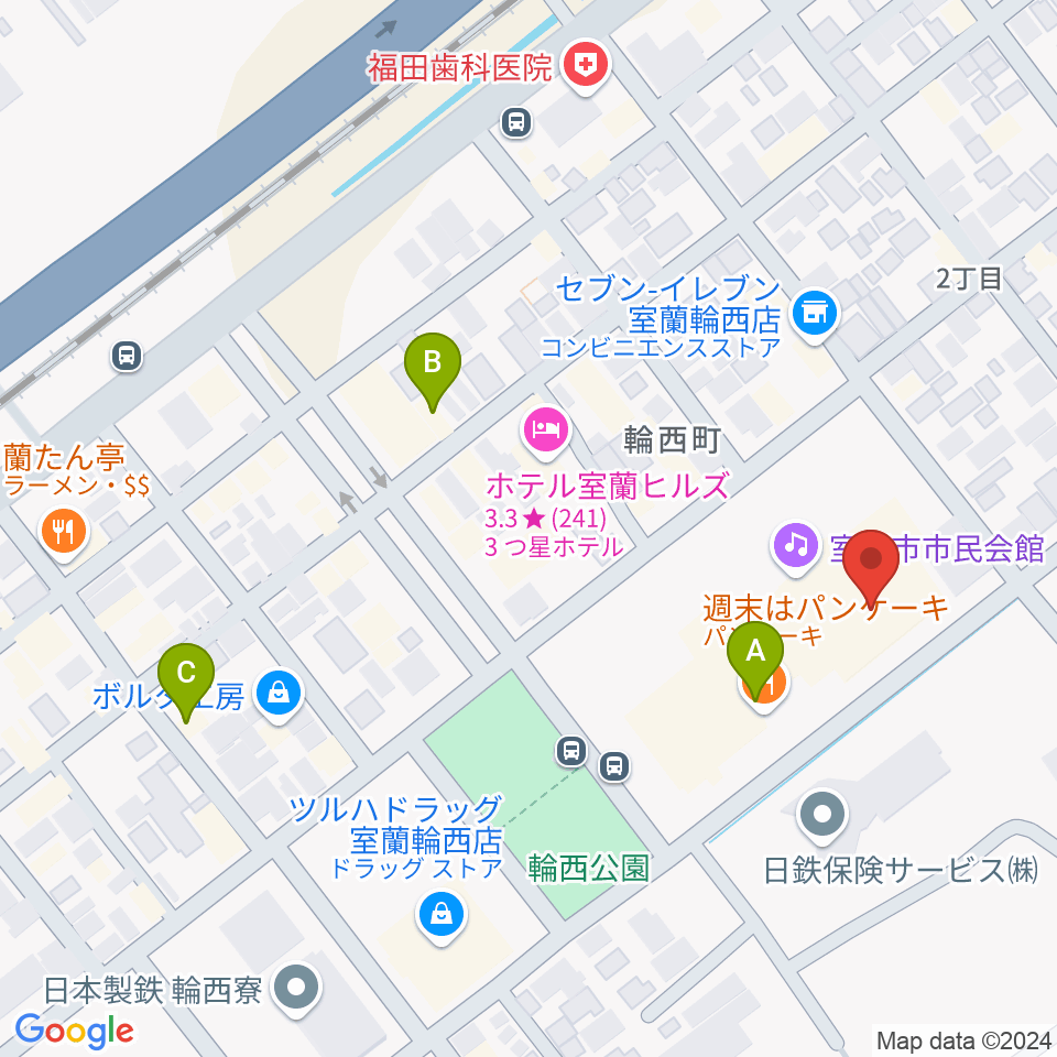 わにホール室蘭市市民会館周辺のカフェ一覧地図