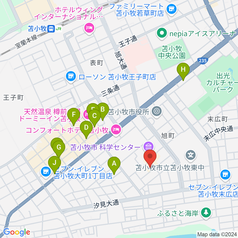 苫小牧市文化会館周辺のカフェ一覧地図