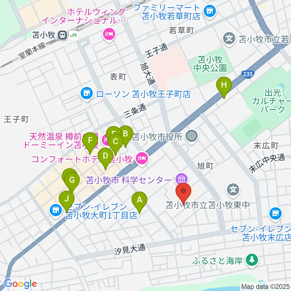 苫小牧市文化会館周辺のカフェ一覧地図