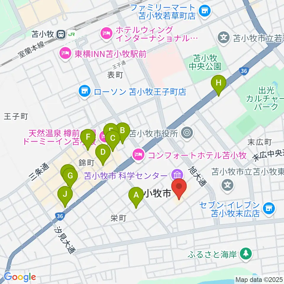 苫小牧市文化会館周辺のカフェ一覧地図