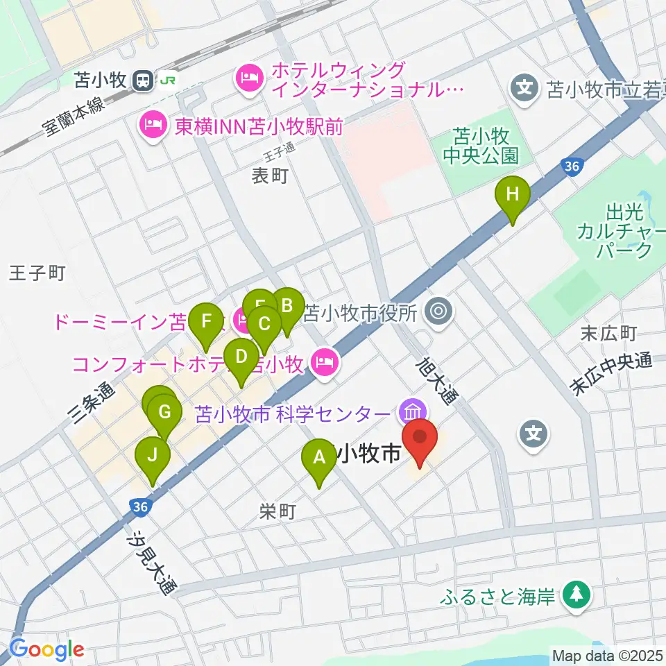 苫小牧市文化会館周辺のカフェ一覧地図