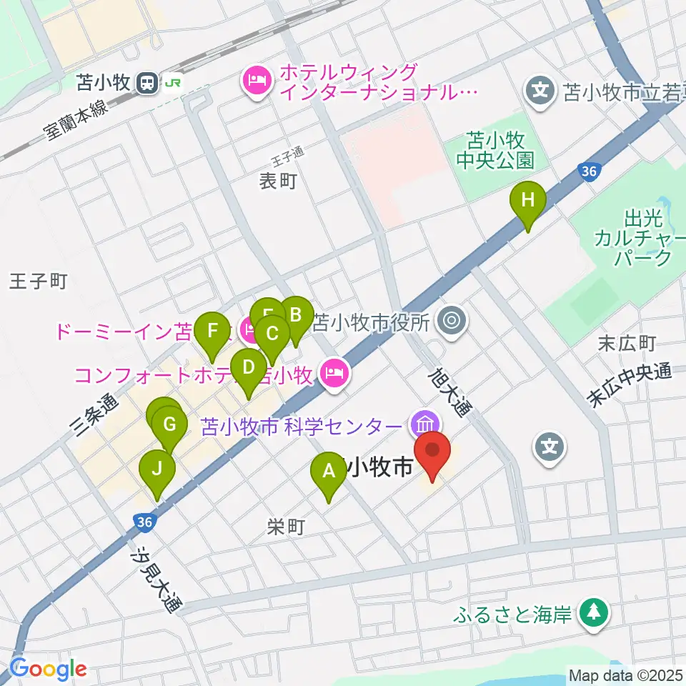 苫小牧市文化会館周辺のカフェ一覧地図