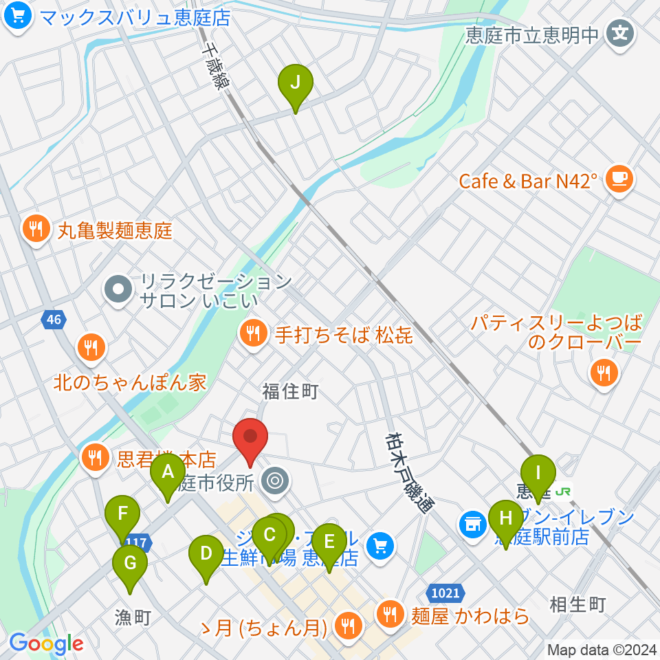 恵庭市民会館周辺のカフェ一覧地図